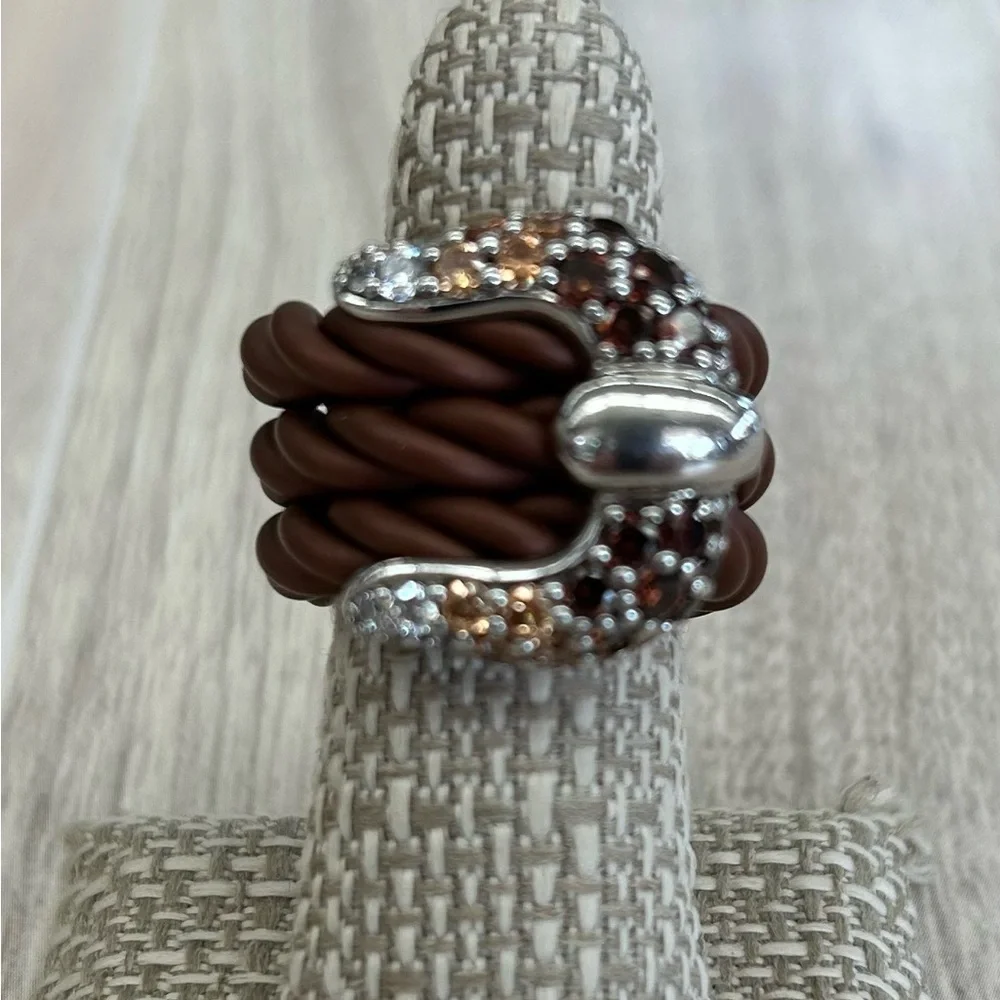 Belle Etoile Lasso Ring CZ Gold White SS Wide Buckle Ring Rubber ring, Sz 6-7